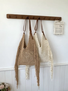 Bohemian hollow out crochet tote bag with fringe tassels in khaki and cream colors