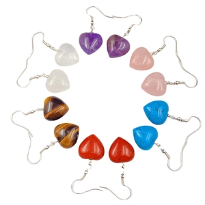 Set of 6 pairs heart-shaped natural semi-precious stone drop earrings with silver hooks