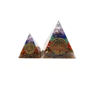 Orgonite energy pyramid set with layered natural crystals and Sri Yantra symbol