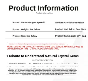 Specifications of natural crystal orgonite pyramid showing materials and OPP packaging details