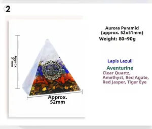 Detailed specs of Orgone Pyramid showing 52x51mm dimensions and natural stone layers