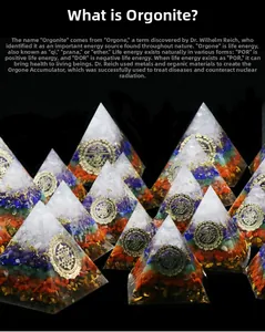 Detailed array of Orgonite Pyramids with colorful natural stones and sacred geometry