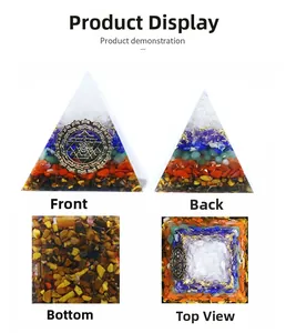 Detail view of seven layer crystal orgone pyramid with natural stones and energy symbol