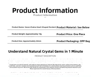 Specifications of Seven Chakra Natural Crystal Heart Pendant with weight and size details