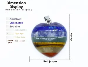 Detailed size display of heart-shaped pendant with seven natural crystal stone layers
