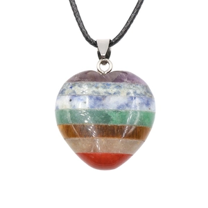 Handmade heart-shaped seven chakra natural crystal stone pendant with black cord necklace