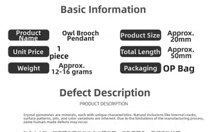Detailed product specifications for the owl brooch pendant showing size and weight details