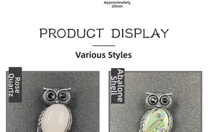 Detail of owl pendant brooch with rose quartz and abalone shell in vintage silver