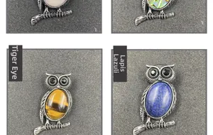 Detailed views of owl brooches set with tiger eye, lapis lazuli, and abalone shell gems