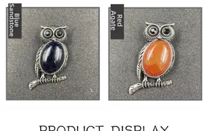 Detail of owl brooches featuring inlaid blue goldstone and red agate with silver alloy