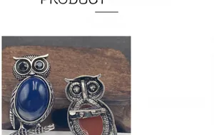 Front and back detail of an owl brooch with blue oval gemstone and silver finish