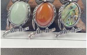 Detailed owl brooch pendants with green jade, red agate and abalone shell inlays
