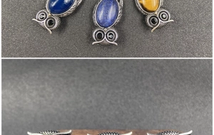 Detailed macro view of vintage owl pendants featuring colorful natural stone settings