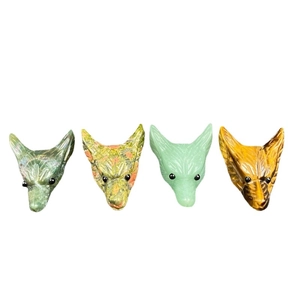Hand-carved wolf head gemstone pendants in tiger eye and quartz, natural stone charms