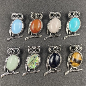 Retro Owl Pendant Brooch Vintage Natural Gemstone Animal Pin Jewelry For Women Ethnic Style Dual Purpose