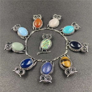 Retro silver owl pendants with diverse natural gemstones like lapis and tiger eye