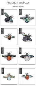 Detailed grid of bee brooches featuring natural amethyst, abalone shell and tiger eye stones