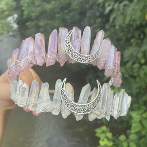Couronnes de lune en cristal faites à la main, couleurs rose et iridescent pour festivals
