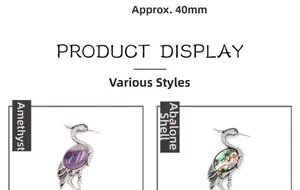 Detail of vintage silver bird brooches featuring amethyst and abalone shell inlays