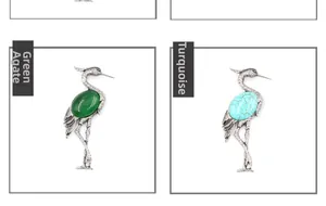 Detail of bird brooches with green agate and turquoise in antique silver finish