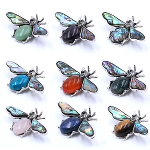 Vintage Alloy Bee Brooch Pendant Necklace With Abalone Shell Natural Semi Precious Stone Agate Insect Jewelry For Women
