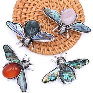 Vintage insect bee brooches with natural stones and iridescent abalone shell wings