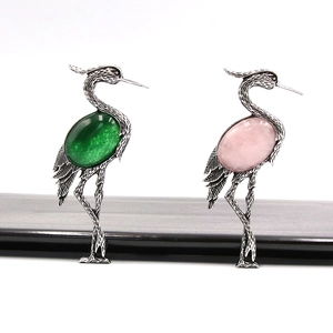 Vintage Alloy Red Crowned Crane Bird Pendant Necklace Brooch With Inlaid Gemstone Abalone Shell Tiger Eye Agate Jewelry For Women