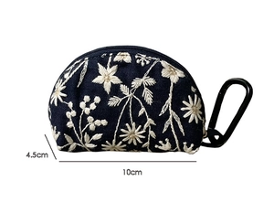 Detailed close-up of dark blue embroidered storage pouch showing size 10cm by 4.5cm