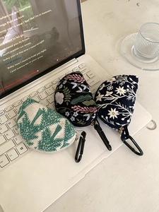 Heavy Embroidery Floral Mini Coin Purse Cotton Linen Semi-circular Earphone Storage Bag With Carabiner Zipper Small Pouch Women Accessories