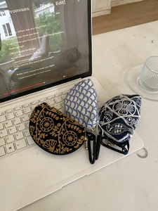 Detailed embroidery storage pouch with zipper and metal carabiner for AirPods