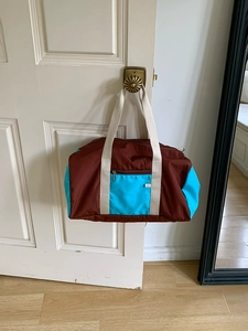 Large capacity nylon tote bag in brown and blue for outdoor sports and yoga travel