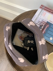 Cute large capacity brown nylon cosmetic bag with pink bear print and zipper closure