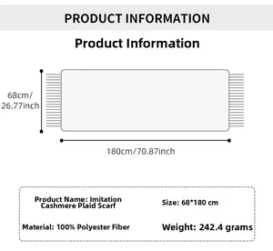 Detailed size chart for imitation cashmere plaid scarf showing 68x180cm dimensions