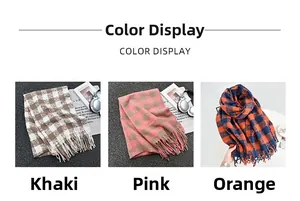 Detailed comparison of khaki, pink, and orange plaid scarves with fringe tassels