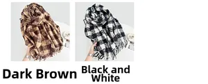 Detail of soft plaid scarves with fringe in deep brown and classic black-white patterns