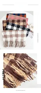 Detail view of imitation cashmere plaid scarves with soft fringe and stylish grid patterns