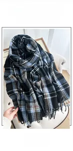 Close-up of cashmere-like plaid scarf featuring thick yarn texture and fringe detail