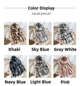 Detailed grid display of classic plaid scarves in various colors with soft tassels