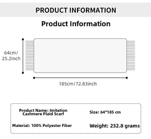 Size diagram for plaid tassel scarf showing dimensions 64x185cm and polyester material