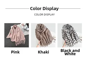 Detail view of plaid tassel scarves in pink, khaki, and black-white checkered patterns