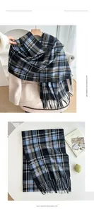 Detailed view of the plaid imitation cashmere scarf with tassels and soft fabric texture