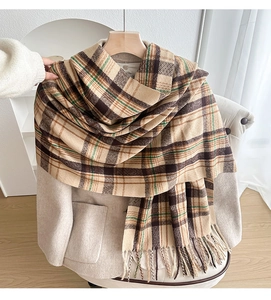 Close-up of brown plaid scarf with long tassels paired with an elegant beige wool coat