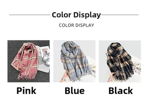 Detail view of pink, blue, and black plaid scarves with soft fringes and knit texture