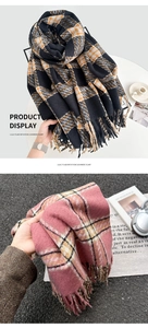 Detailed texture of thick imitation cashmere scarf with tassels in plaid patterns