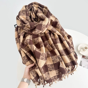 Classic coffee and beige checkered tassel scarf with thick wool-like texture