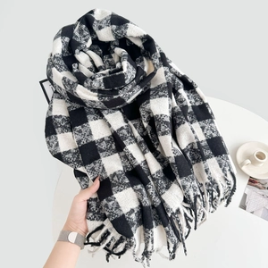 Chic black and white plaid scarf with fringe tassels for autumn and winter warmth