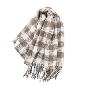 Brown and white checkered knit scarf with fringe tassels for autumn winter warmth