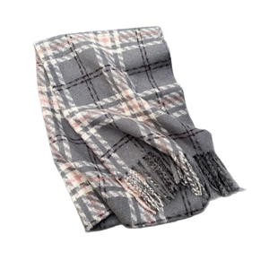 Sciarpa classica a quadri con frange in grigio, beige e rosa, calda trama tipo cashmere