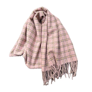 Pink and yellow checkered scarf with soft fringe, premium plaid warm winter pashmina wrap