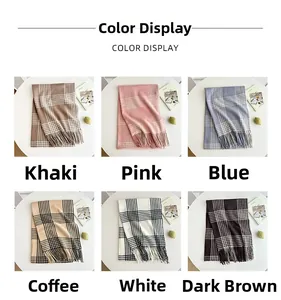 Macro detail of classic plaid tassel scarves in six elegant colors for autumn and winter